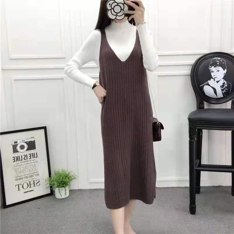 Autumn and Winter Loose Sleeveless Vest Skirt V-neck Mid-length Sweater Skirt Fashion Simple Female Vest Dress