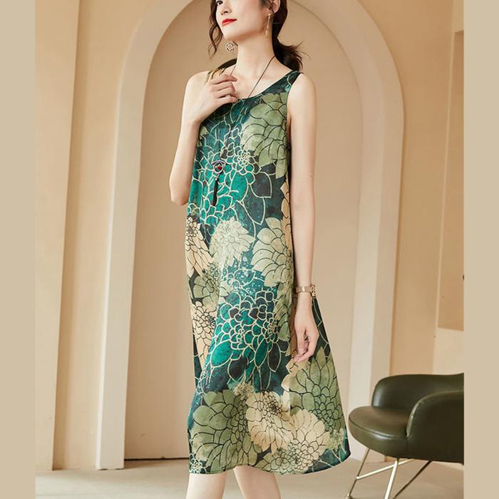 M-XXXXL Summer Ethnic Print Dress Round Neck Cotton and Linen Sleeveless Loose Mid-length Vest Skirt Daily Thin