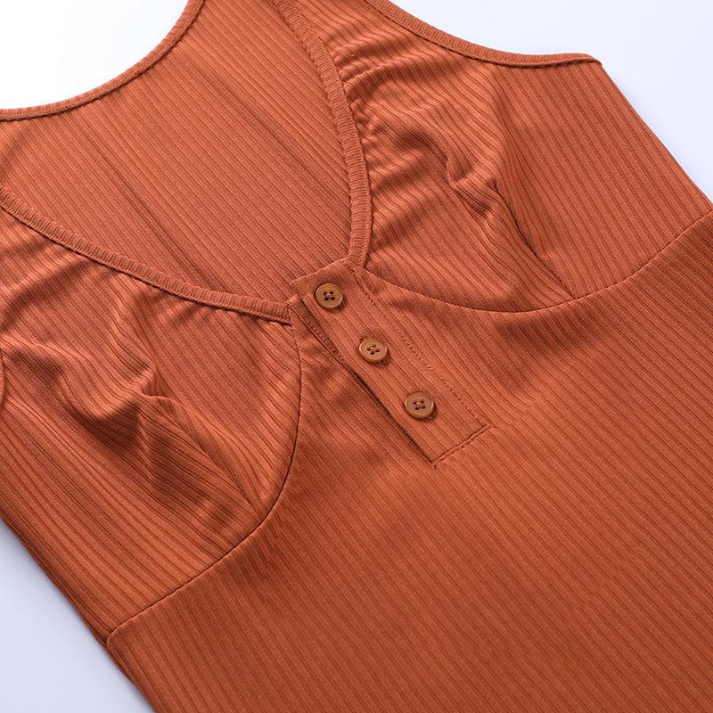 Low-cut Solid Color Sexy Knitted Tight-fitting Dress Standard Size High Elasticity V-neck Button Sleeveless Dress Summer Vest Hip Skirt