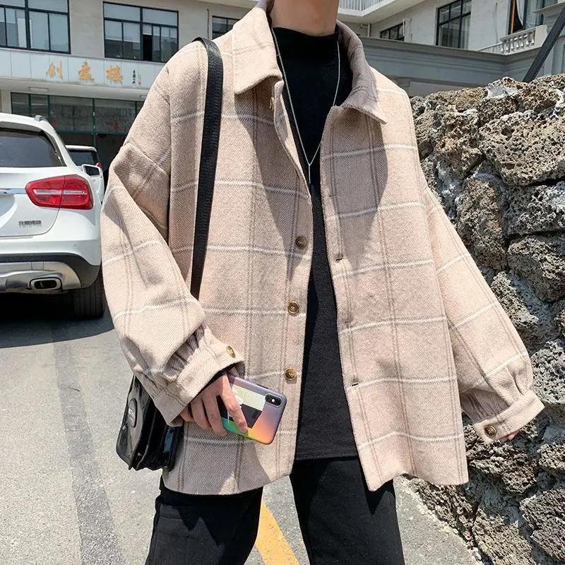 Spring and Autumn Woolen Plaid Jacket Men's Trend Ins Windbreaker Jacket Hong Kong Style Loose Retro Coat