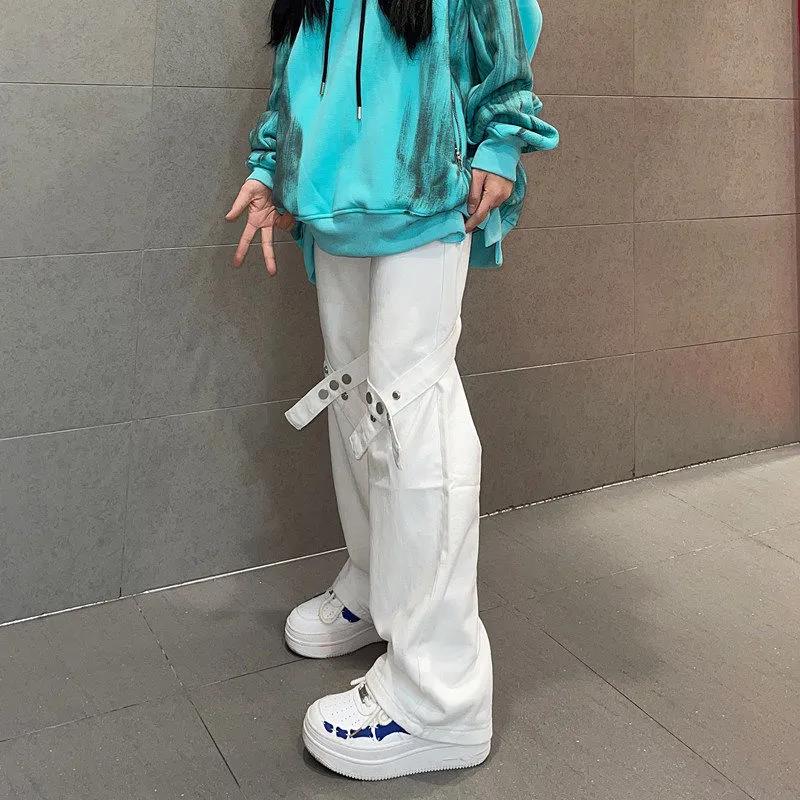 American High Street Tidal Card Gradient Straps Jeans Women Loose High Waist Wild Long Pants INS Tide