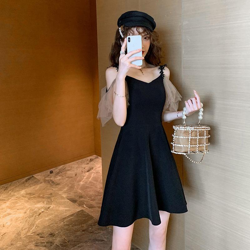 Sexy Woman V-neck Chiffon Sleeves Ruffled Sling  A-line dress Sleeveless Hollow Out Bare Shoulders Nightclub Bar Party