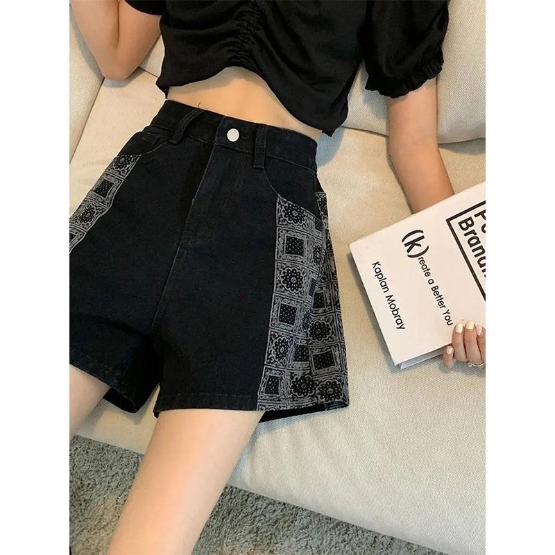 Women's Black Denim Shorts Summer Straight High-waisted Wide-leg Pants Plus Size Fat Girls Thin A-line Shorts