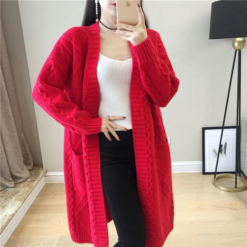 Autumn and Winter Casual Pocket Coat Mid-length Loose Long-sleeved Sweater Solid Color Twist V-neck Cardigan