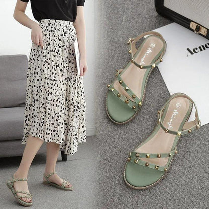 Women's Flat Sandals Summer Rivet Roman Sandals All Match Casual Temperament Sandal Non-slip Comfortable Lightweight Beach Shoes