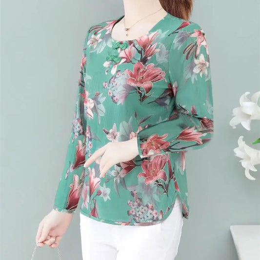 Spring and Autumn Women's Floral Loose Top Bottoming Shirt Mother Round Neck Long-sleeved T-shirt  Women