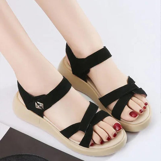Women's Thick-soled Leather Sandals Summer Student Platform Casual Shoes Velcro Mid-heel Soft-soled Sandals Beach Shoes
