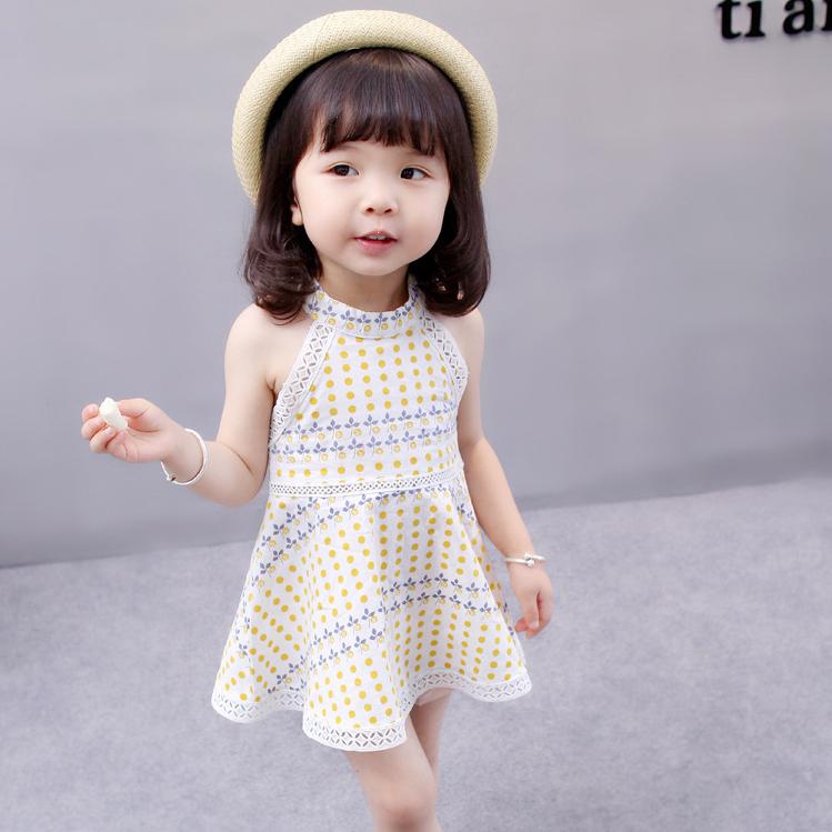 Girls' Summer Korean Style Dot Bohemian Dress Round Neck Sleeveless Dress Lace Cute Baby A-line Skirt
