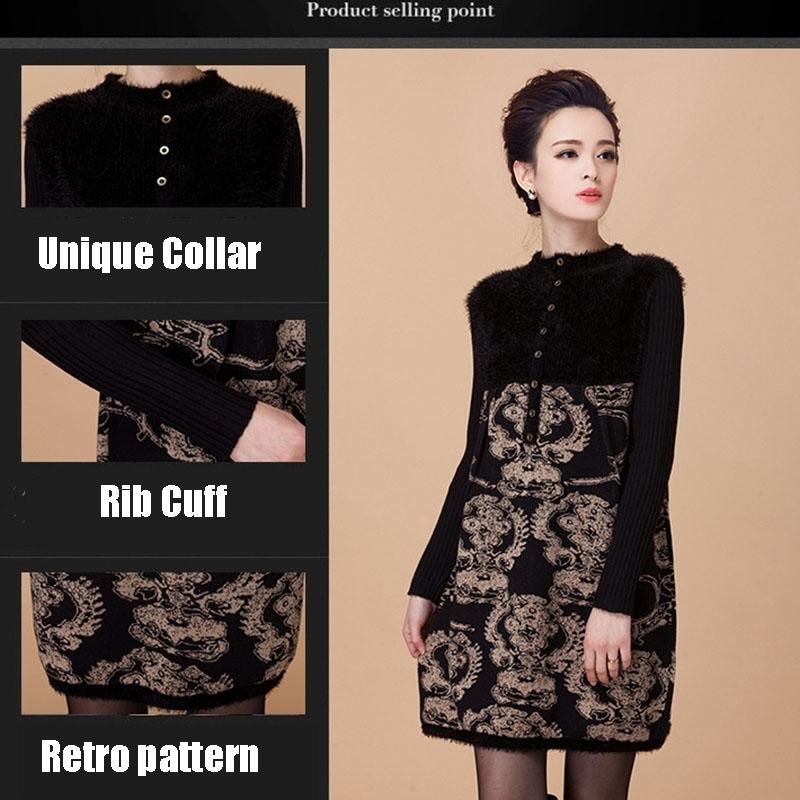 Vintage  Printed Woolen Sweater Women Thickened Long High Neck Furry Pullover Dress Plus Size  Loose Bottoming Sweater Dress
