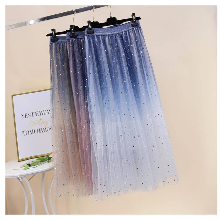 Spring Summer Skirts Women Long Tulle Skirt Sequined Pleated A Line Midi Skirt Chic High Waist Skirt