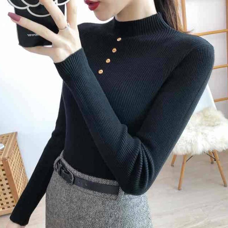 Women's sweaters with buttons long sleeve tight-fitting slim Turtleneck sweater warm winter
