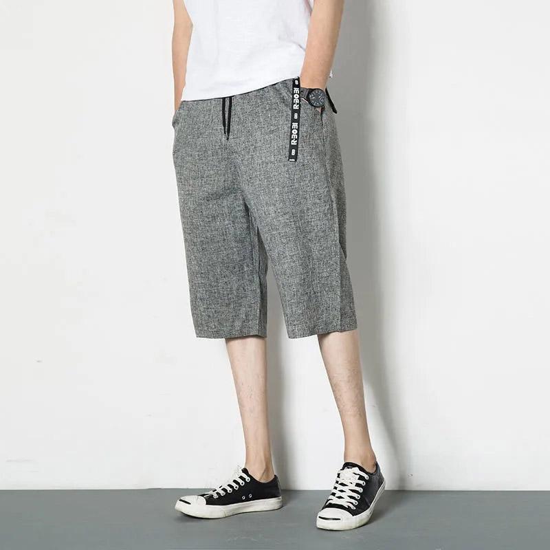 Thin Wide Leg 7 Points Men's Shorts Casual Linen Large Size Loose Cropped Pants Men's Beach Pants Bottoms