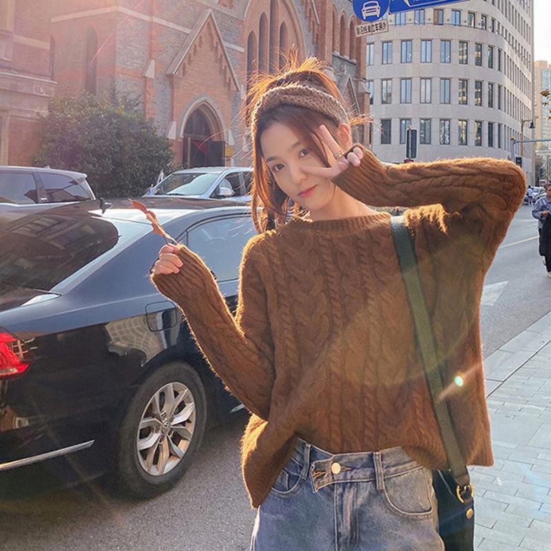 Thick Sweater Women Knitted Ribbed Pullover Sweater Long Sleeve Round Neck Jumper Soft Warm Autumn Winter