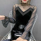 Mesh Stitching Sexy Perspective Women's Top Fashion Lace Letter Print Bottoming Shirt
