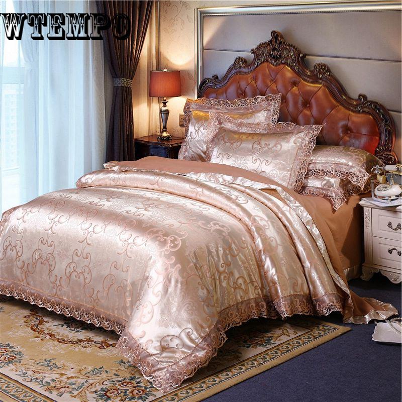 4PC Luxury Silk Cotton Satin Jacquard Bedding Set Duvet Cover Bed Sheet Pillowcases Bedclothe