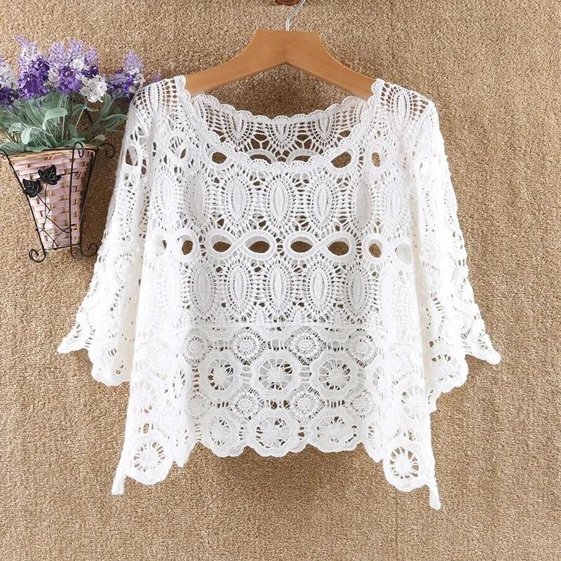 Hollow Out See-through Knitwear Loose-fitting Thin Pullover Top All-match Short with Skirt Jacket Thin Blouse Breathable