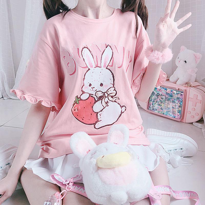 Harajuku Bunny Strawberry Shirt with Ruffles Kawaii Shirt Kawaii Clothing Soft Aesthetic Y2k Anime Shirt Japanese Shirt Cute Shirt Lolita