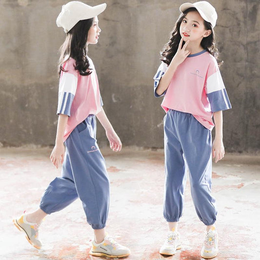 Girl Teenage Children's School Clothing Fashion 2pcs T-shirt and Harem Pants Children Casual Sets Summer Suits Girl Sports Clothes
