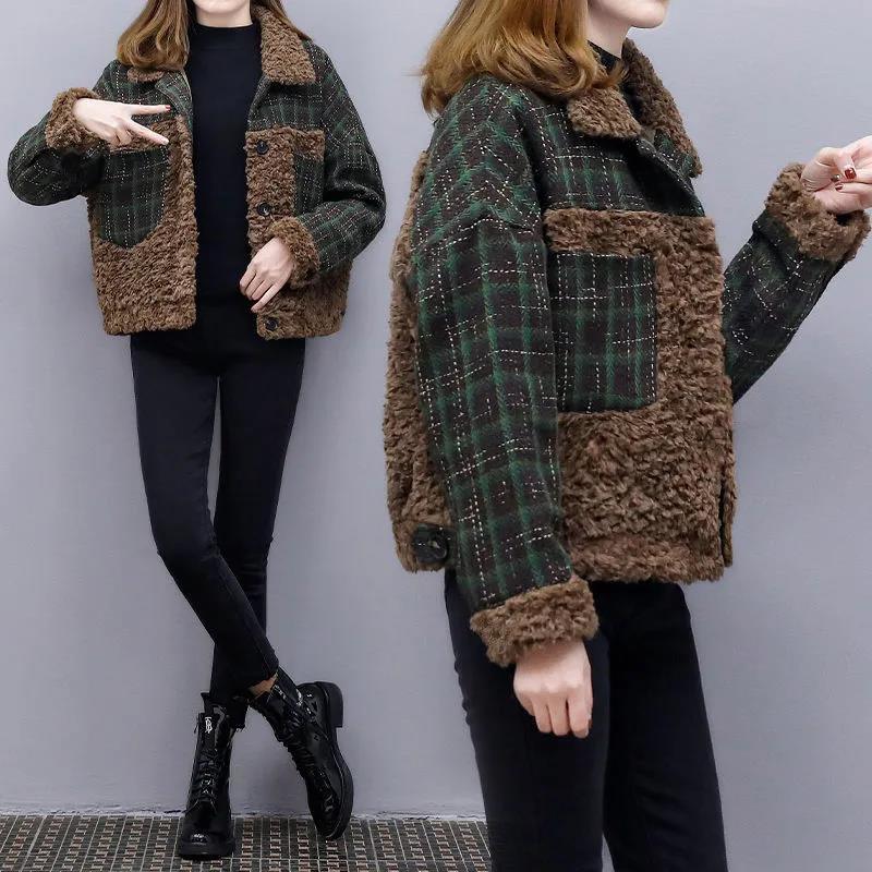 Lamb Wool Stitching Short Coat 2021 Autumn and Winter Plaid Wool Short Coat Cotton-padded Jacket Women