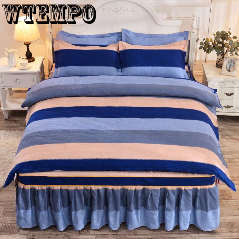Winter Soft Padded Bed Skirt Set Bedroom Home Kits Bedding Cotton Four-piece Floral Print Quilt Cover