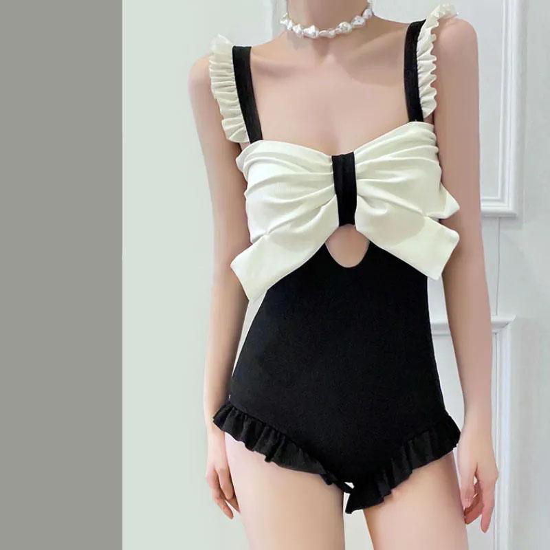 Exquisite Bow Pure Desire Swimsuit Women's Sexy Cover Belly Thin One-piece Student Swimsuit Pleated Ruffled Sleeveless Beachwear