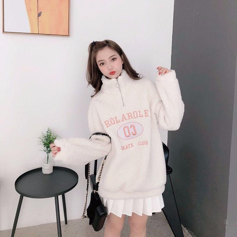 Hoodless High-neck Lamb Wool Sweater Women Winter Thick Loose Letter Coat Embroidered Warm Top