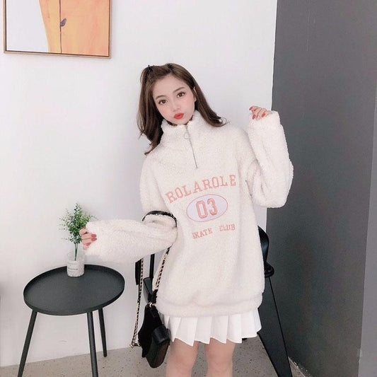 Hoodless High-neck Lamb Wool Sweater Women Winter Thick Loose Letter Coat Embroidered Warm Top