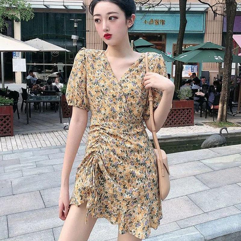 Women's Summer Floral Dress V-neck Slim Puff Sleeve Skirt