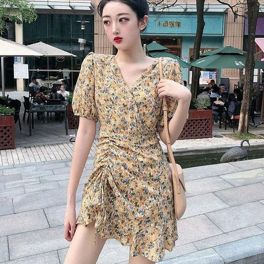Women's Summer Floral Dress V-neck Slim Puff Sleeve Skirt