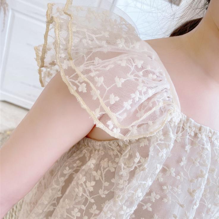 Children's Dress Summer Girl's Ruffle Sleeveless Dress Children's Princess Dress Embroidered Leaf Lace Dress