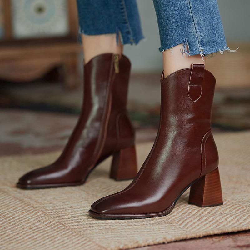 Soft Leather Boots Women Autumn  Winter Vintage Square Toe Short High-heeled Cowboy Boots Chunky Heel Ankle Boots