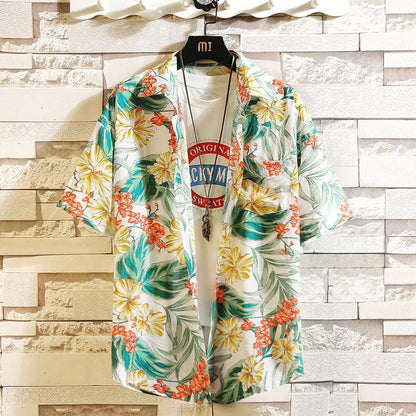 Summer Beach Shirt Men Tees Half Sleeve Clothes Leaf Fruit Print T-shirt Button Up Top Casual Male Undies Plus Size Overshirt