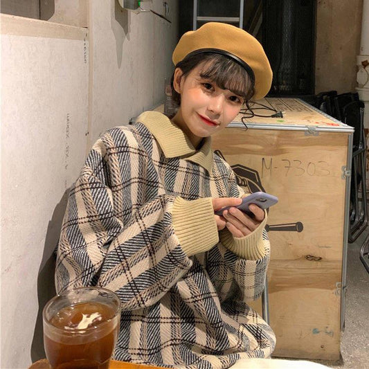 Autumn and winter new warm sweet plaid sweater female students loose hooded wild woolen coat