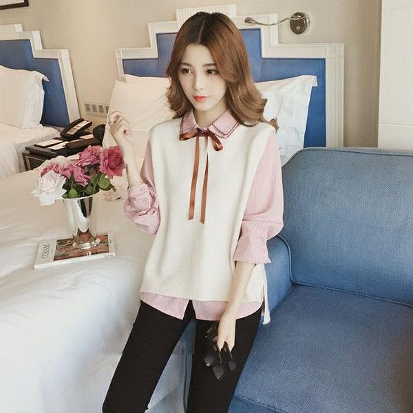 Spring and Autumn Vest Shirt Two-piece Long-sleeved Turn Down Collar Bottoming Shirt Top Shirt