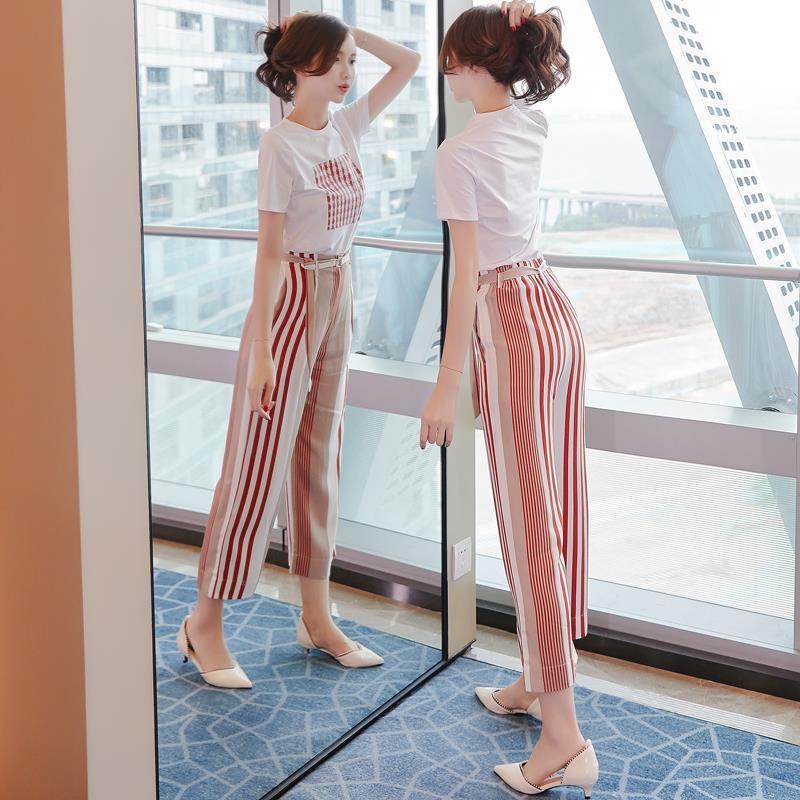 Summer Women's Cotton T-shirt Wide-leg Pants Two-piece Women's Round Neck Short-sleeved T-shirt + Loose Wide-leg Pants Fabric Soft and Sweat-absorbent
