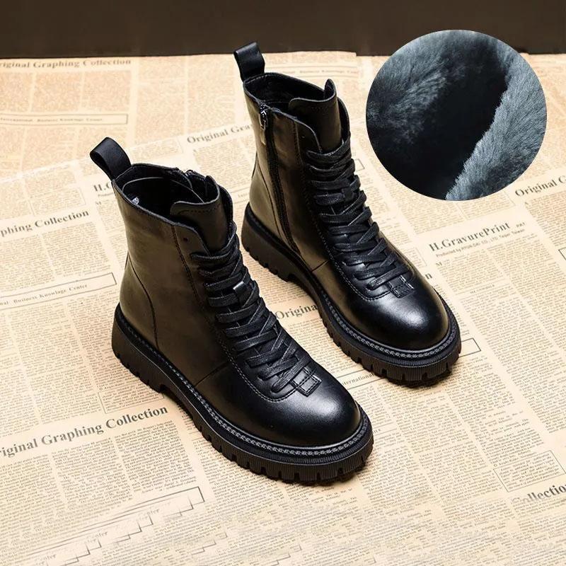 Retro Brown Martin Boots Women Autumn and Winter British Style Leather All-match Thick-soled Short Boots Women Plus Velvet Waterproof Boots