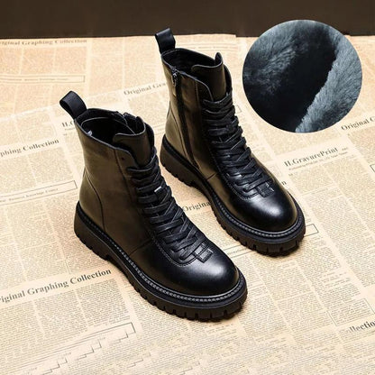 Retro Brown Martin Boots Women Autumn and Winter British Style Leather All-match Thick-soled Short Boots Women Plus Velvet Waterproof Boots