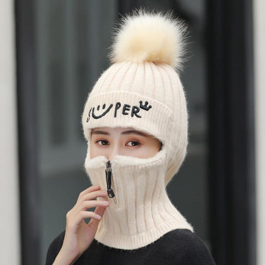 Zipper Hat Autumn and Winter Knitted Ear Protection Woolen Cap Mask Warmth and Velvet Thickening All-match Cycling Hood