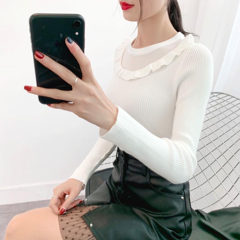 Sweater Women's Ruffled Collar Pullover Knitwear Korean Style Slim Solid Color Top Trendy Sweater Autumn and Winter Lady Style