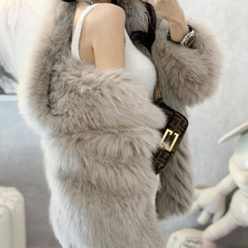 Winter Women's Fox Fur Mid-length Fur Collar Jacket Thick Faux Fur Hooded Jacket Korean Mid-length Mink Fur Plush Jacket