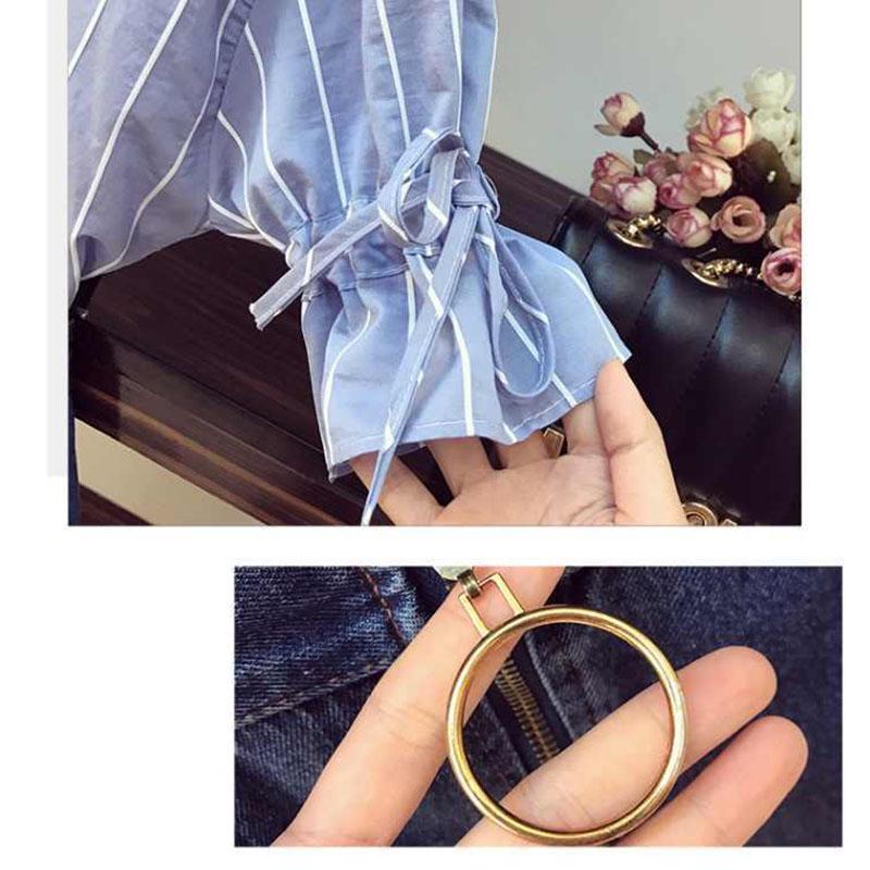 Pofulove 2 Piece Skirt Set Women Summer Half Sleeve Striped Shirt Denim Skirt Two Piece Set for Work