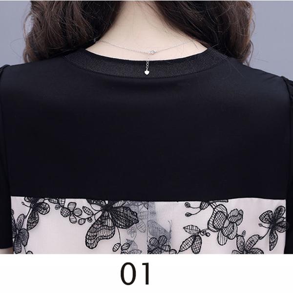 Women Size M-XXXL Summer Printing Knee-length Dress Short  Sleeve Chiffon Lace Mesh A-line Skirt