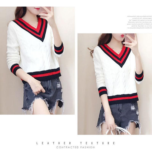 Autumn and Winter Loose Top Knitted Padded Base Shirt V-neck Striped Women's Sweater