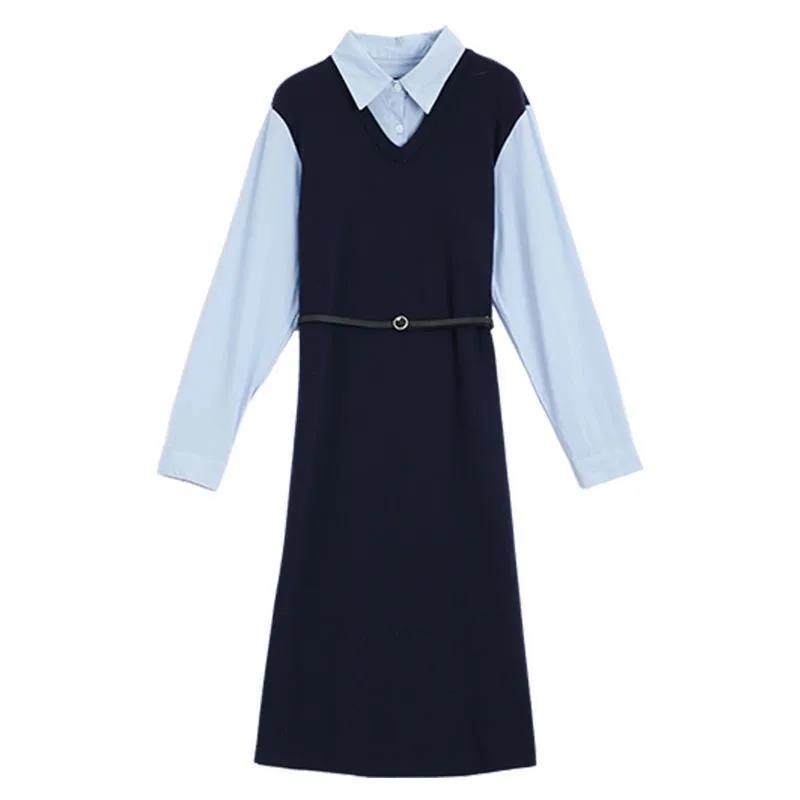 Fake Two-piece Spliced Knitted Warm Dress Female Autumn A-line Version Waist High-end Slim Temperament Long Skirt