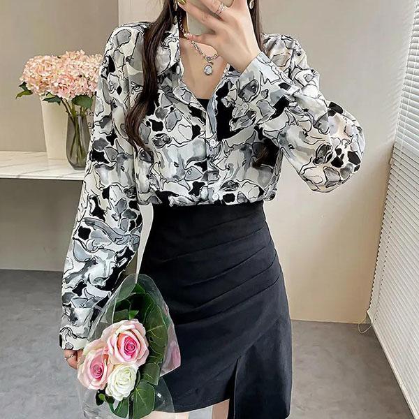 Long-sleeved Casual Tops Large Size Loose Chiffon Shirts Women's Spring and Autumn Lapel Elegant Printed Blouses