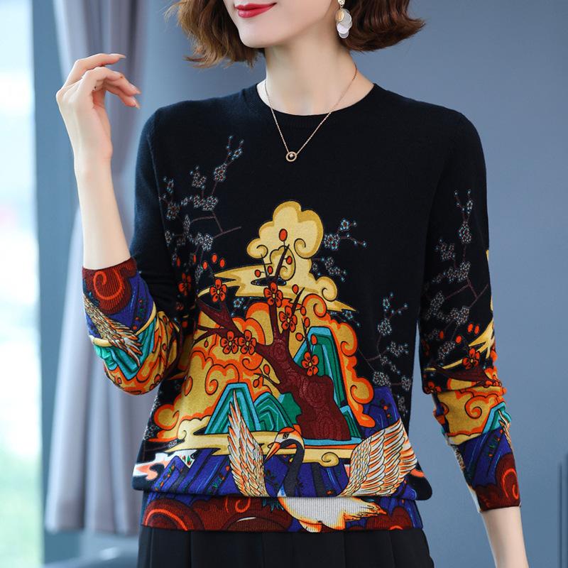 Autumn and winter ladies fur round neck bottoming shirt fashion printing shirt sweater