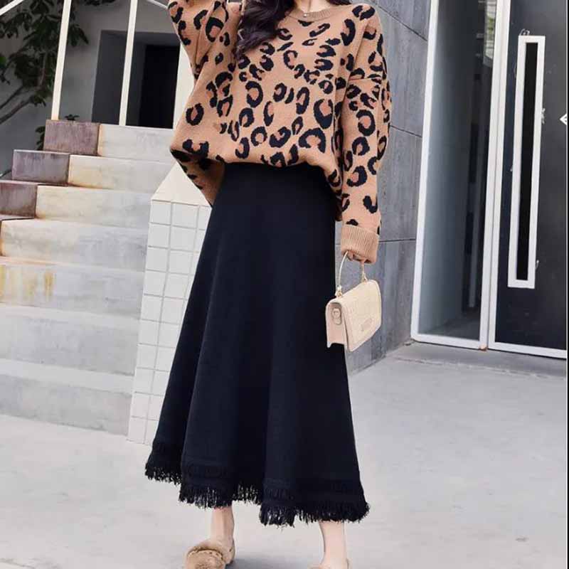 Autumn and Winter Knitted Skirts Women's Mid-length Winter Skirts, A-line Thick Woolen Yarn Winter Sweaters Skirts Long Skirts