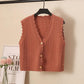 Wool Knitted Vest Women's Vest Spring and Autumn Loose Short Wave Side Single-breasted Hollow Sweater Small Cardigan