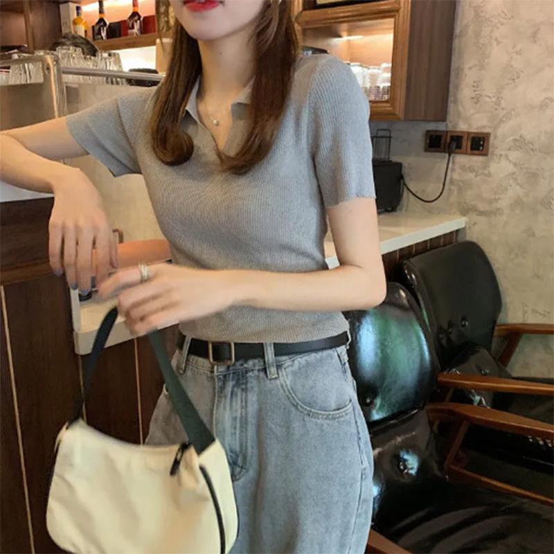 Summer V-neck Short-sleeved Knitted Sweater Women's Korean Version Slim Fit and Thin All-match French Girl Retro Hong Kong Style Short Top