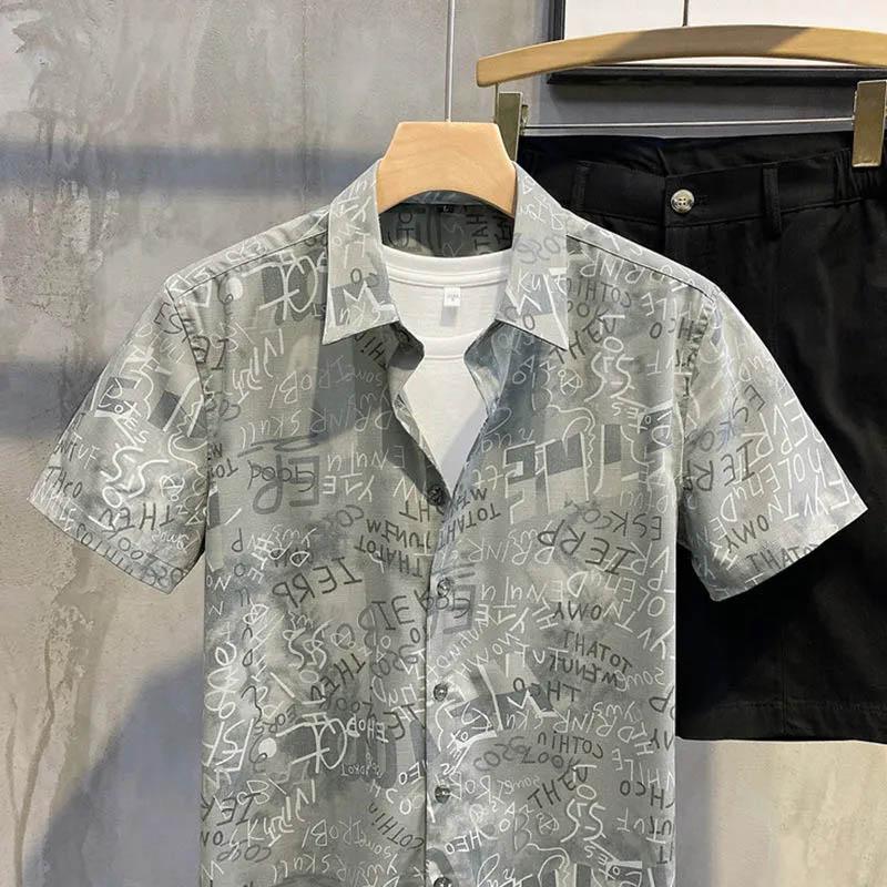 Printed Slim Shirt Men's Korean Style Personality Street Flower Shirt Summer Dress Casual Square Collar Shirt Trendy